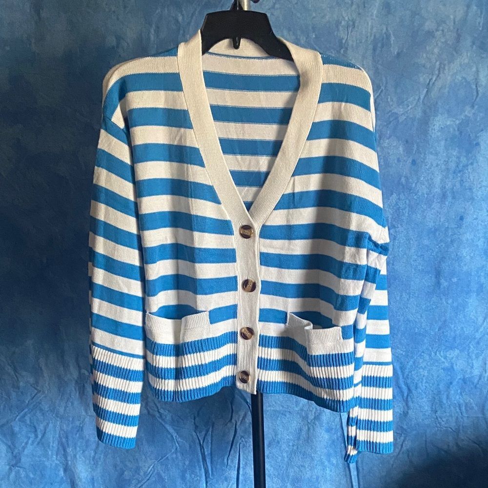 Blue and White Striped Women's Sweater, L, 14M, 129T002